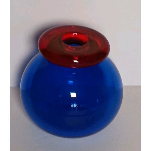 Art Glass Cobalt Blue With Red Open Top Bottle 5"H - Picture 1 of 13